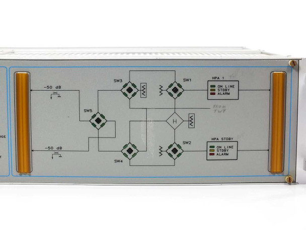 Mitec MC3719A front panel center showing HPA switch schematic diagram with SW1 through SW5 and HPA 1 and HPA Standby status LEDs