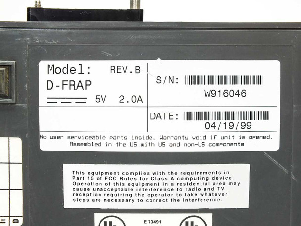 Sync D-FRAP bottom label showing Model D-FRAP Rev B, 5V 2.0A power rating, serial number W916046, date 04/19/99