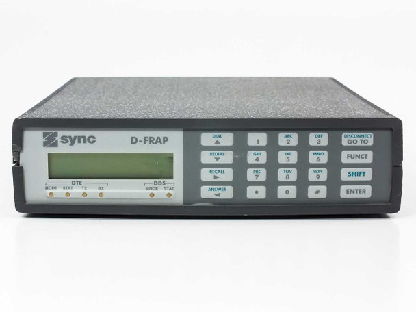 Sync D-FRAP front panel close-up showing DTE and DDS status LEDs, LCD display, and keypad buttons