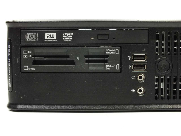 Dell OptiPlex 755 SFF front panel close-up — DVD-RW drive, multi-card reader slots, and front USB and audio ports