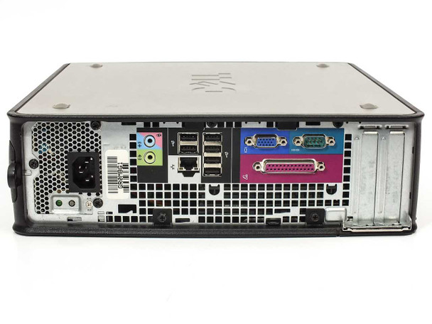 Dell OptiPlex 755 SFF rear I/O panel — USB ports, RJ-45 LAN, VGA, parallel, serial, and audio connectors