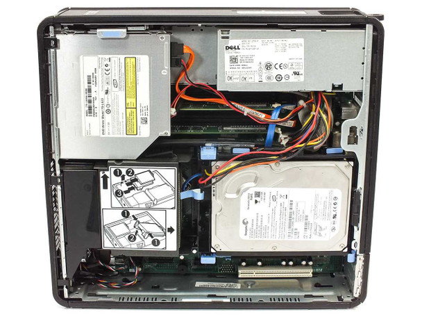 Dell OptiPlex 755 SFF interior — showing SATA hard drive, DVD-RW drive, Dell power supply, RAM slots, and PCI expansion slots