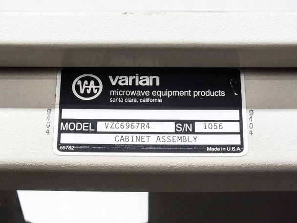 Varian VZC6967R4 model label – reads Cabinet Assembly, Model VZC6967R4, Made in USA, Varian Microwave Equipment Products, Santa Clara CA