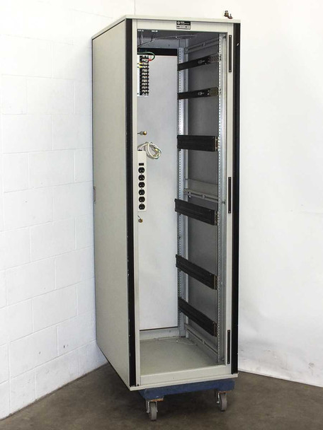 Varian VZC6967R4 40U 19-inch rackmount cabinet – left side view with door open showing interior rail space and mounted PDU