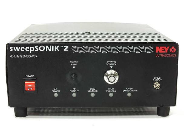 NEY SweepSONIK 2 ultrasonic generator front panel alternate view – full panel showing SWEEP RATE area (knob missing), POWER CONTROL knob, DRIVE OUTPUT connector, and status indicator lights