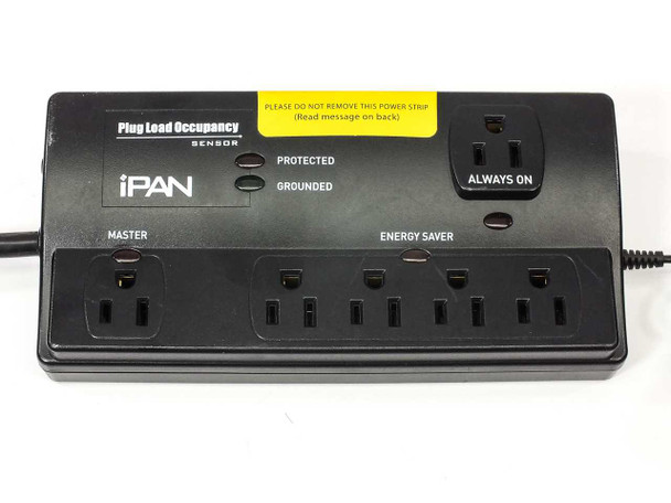 iPAN SP1601P600 power strip front panel showing MASTER outlet, five ENERGY SAVER outlets, ALWAYS ON outlet, PROTECTED and GROUNDED indicator LEDs