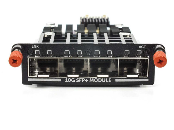 Dell PHP6J PC8100 10G SFP+ Module — straight-on front port face view showing four open SFP+ cages labeled 10G SFP+ MODULE with LNK and ACT LEDs