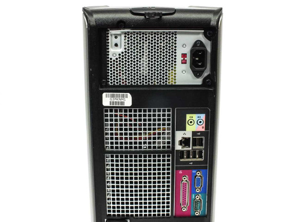 Dell OptiPlex 380 — rear panel close-up showing IEC power inlet, ventilation grille, USB, LAN, audio, VGA, serial, and parallel connectors