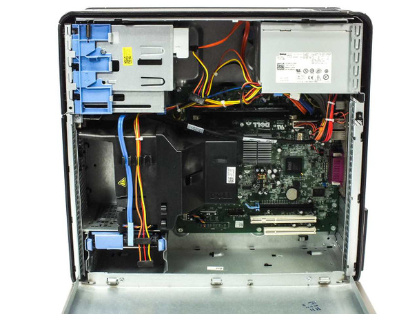 Dell OptiPlex 380 interior — side panel removed showing Dell motherboard, ATX power supply, drive bays, SATA cables, and PCI expansion slots