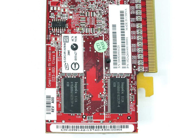 Dell H9142 Radeon X600 PCB close-up – memory modules, revision label REV A00, CN-0H9142 Dell part sticker, and Made in China label visible