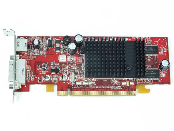 Dell J9133 Radeon X600 low-profile video card — component side view showing heatsink, capacitors, DVI-I port, and S-Video connector on bracket