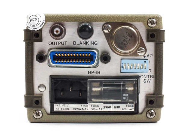HP 59303A rear panel close-up showing OUTPUT and BLANKING connectors, HP-IB (GPIB) port, IEC AC inlet, fuse drawer (230V/115V selectable), and CNTRL SW DIP switch bank