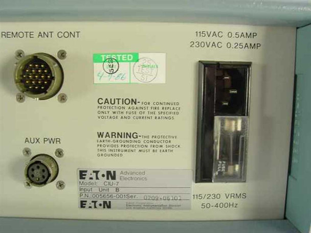 Eaton CIU-7 rear panel label close-up — Eaton Advanced Electronics model plate showing Model CIU-7, Input Unit B, P/N 005656-001, Ser. 0209-06101, 115/230 VRMS, 50–400Hz rating, TESTED sticker visible