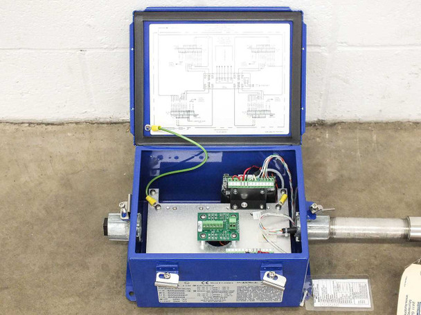 Kurz K-BAR 2000B electronics enclosure open — interior view showing terminal blocks, green PCB sensor interface board, wiring harness, and wiring diagram mounted to inside of lid