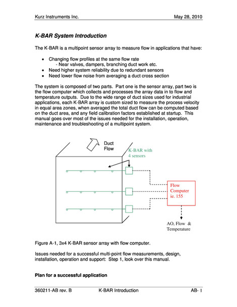 Kurz Instruments K-BAR system introduction document page showing multipoint sensor array diagram and 3x4 K-BAR sensor array schematic with 155 flow computer connection