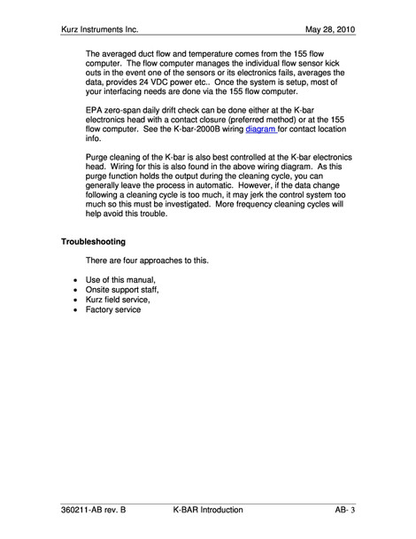Kurz K-BAR 2000B documentation page — troubleshooting section and 155 flow computer operation notes, document number 360211-AB Rev. B dated May 28, 2010