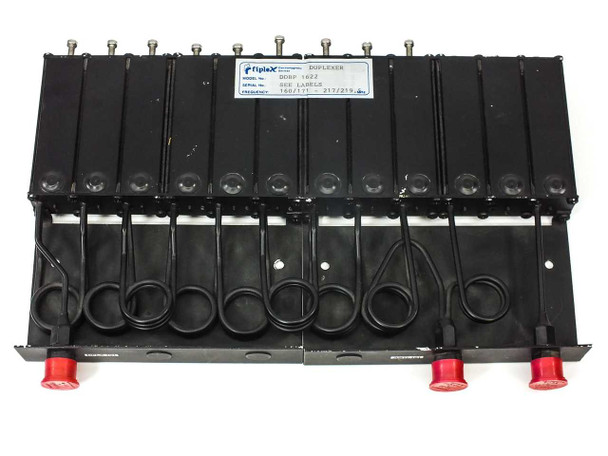 Fiplex DDBP 1622 duplexer – top view showing 12 individual cavity modules with tuning screws and inter-cavity coaxial jumper cables