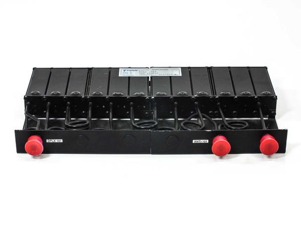 Fiplex DDBP 1622 12-cavity VHF mobile duplexer – front panel view showing DPLX 101 and ANTI-101 port labels with red dust caps installed