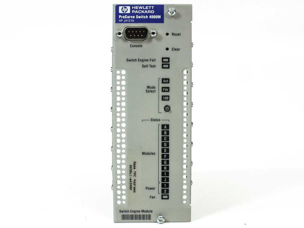 HP J4121A ProCurve Switch 4000M Switch Engine Module – full faceplate view showing Status, Modules, Power, and Fan LED indicators