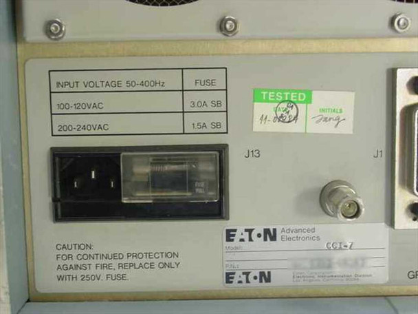 Carnel Labs CCI-7 – rear power input label showing 100-120VAC 3.0A SB / 200-240VAC 1.5A SB, 50-400Hz, IEC inlet, and Eaton Advanced Electronics model plate with green TESTED sticker