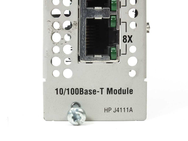 HP J4111A faceplate close-up showing 8X port label and '10/100Base-T Module HP J4111A' text