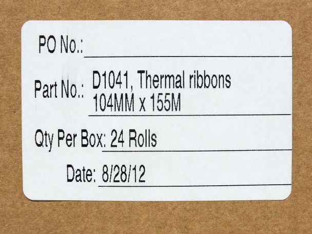 D1041 Thermal Ribbons 104MM x 155M box label showing Part No. D1041, Qty Per Box 24 Rolls, Date 8/28/12