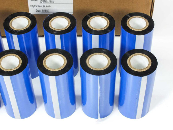 Angled view of D1041 thermal transfer ribbon rolls showing blue outer wrap and black ink coating on roll ends