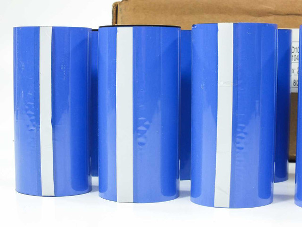 Side profile view of D1041 thermal transfer ribbon rolls showing blue wrap and white reflective stripe detail