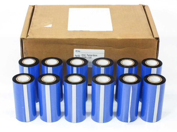 D1041 Thermal Transfer Ribbon 104mm x 155m — lot of 12 blue-wrapped wax resin rolls displayed in front of open shipping box