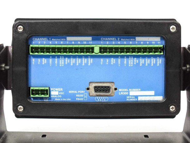 Span LR300 rear terminal block detail showing Channel 1, Channel 2 wiring blocks, power input, RS-232 RS-422 serial port, and Made in USA label