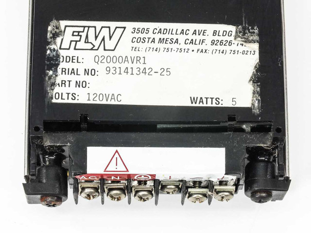 Newport Q2000AVR1 rating label showing model Q2000AVR1, serial 93141342-25, 120VAC, 5 watts — FLW distributor label