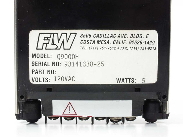 Newport FLW Q9000H — close-up of rear label showing Model Q9000H, Volts 120VAC, Watts 5, FLW manufacturer address in Costa Mesa CA