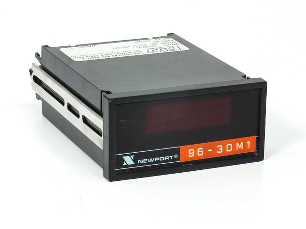Newport FLW Q9000H panel frequency meter — front-left 3/4 view showing 1/8 DIN black enclosure, Newport logo, 96-30M1 orange badge, and 5-digit red LED display (off)