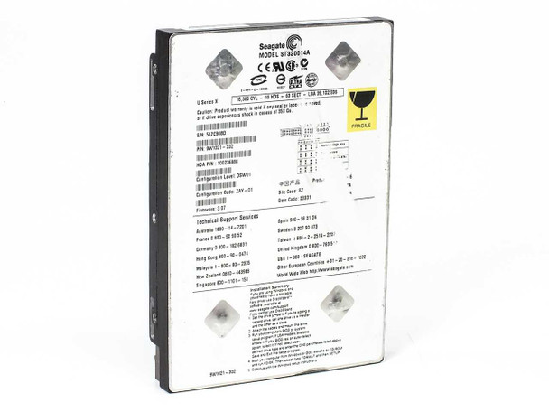 Seagate ST320014A 20GB IDE hard drive – top label view showing model number, part number 9W1021-302, and serial number