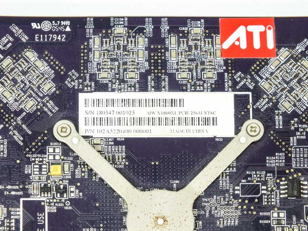 ATI All-In-Wonder X1800XL — close-up of PCB label showing S/N, P/N 102A5220400, AIW X1800XL PCIE 256 NTSC, and Made in China marking