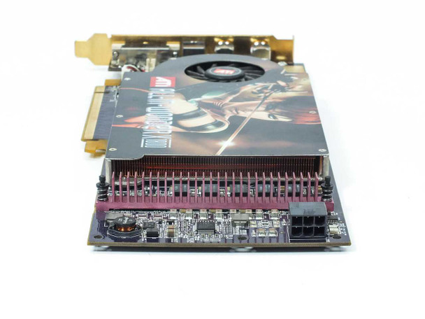 ATI All-In-Wonder X1800XL — top edge view showing pink fin heatsink, 6-pin PCIe power connector, and card PCB thickness