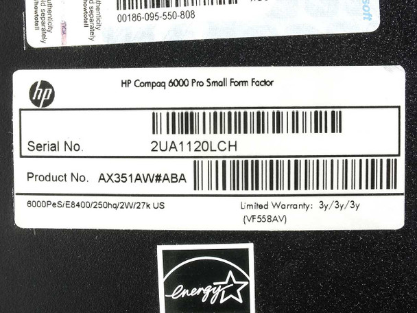 HP Compaq 6000 Pro service label showing Product No. AX351AW#ABA, model 6000 Pro Small Form Factor, and Energy Star rating