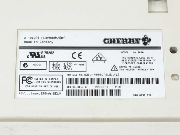 Cherry G81-7000LABUS/12 MY 7000 keyboard bottom label — model, article number, serial number, UL/CE/FCC markings, Made in Germany