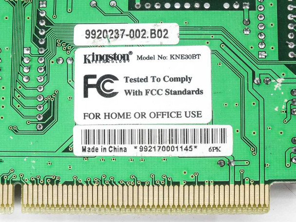 Kingston KNE30BT PCB label close-up showing model number, FCC compliance marking, and barcode 9921700011145