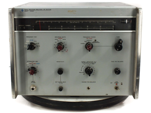 HP 8551A Spectrum Analyzer RF Section full front panel view — showing FREQUENCY, SPECTRUM WIDTH, FREQUENCY TUNING, ATTENUATOR, SENSITIVITY, and SIGNAL IDENTIFIER controls