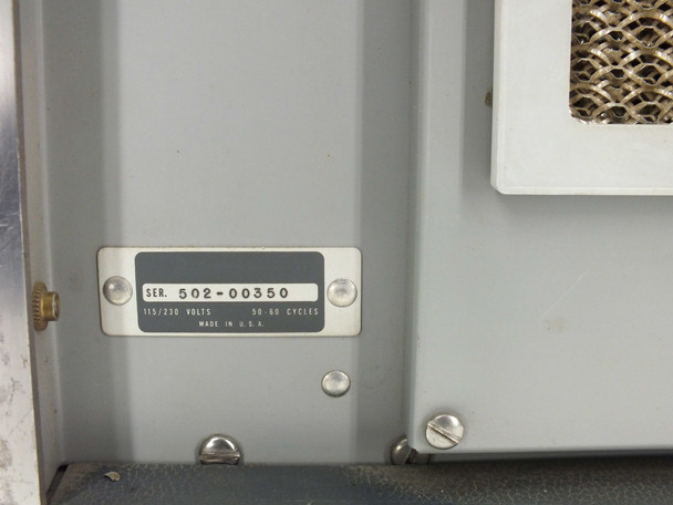 HP 8551A rear panel rating plate — SER. 502-00350, 115/230 VOLTS, 50 60 CYCLES, MADE IN U.S.A.