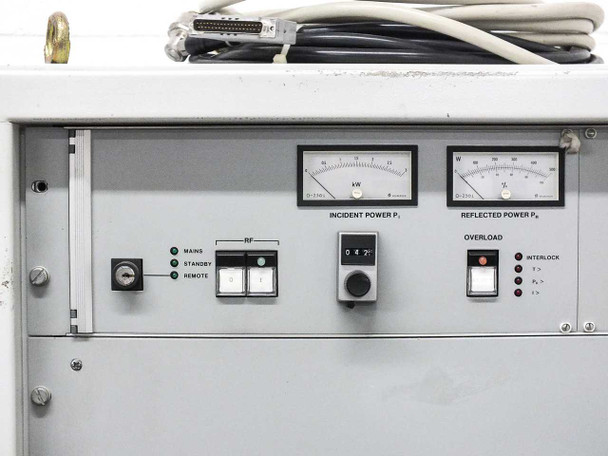 Balzers RFS 302 – front panel close-up showing Incident Power and Reflected Power analog meters, Mains/Standby/Remote switch, RF controls, and Overload/Interlock indicators