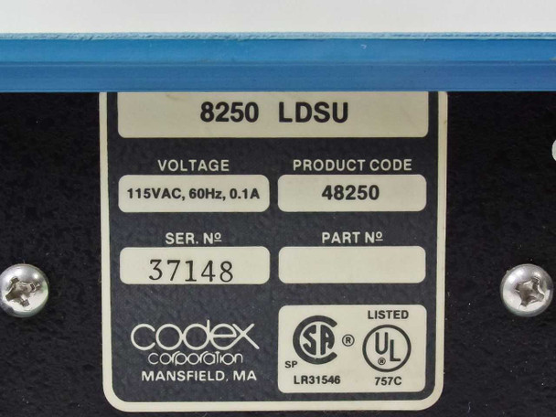 Codex 8250 LDSU bottom rating plate showing model 8250 LDSU, voltage 115VAC 60Hz 0.1A, product code 48250, serial number 37148, UL Listed mark, Codex Corporation Mansfield MA