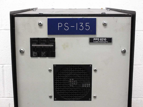 Eratron PPS 8210 plasma power supply – front panel detail showing PS-135 asset label, circuit breaker, PPS 8210 Plasma Power Supply badge, and cooling fan