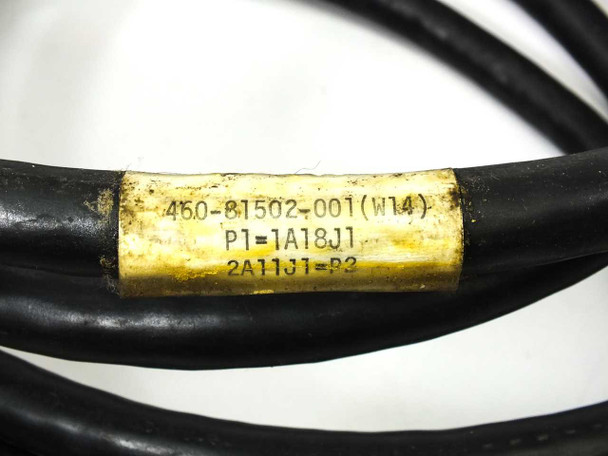 ELCO 460-81502-001 cable label showing part number 460-81502-001 W14, P1=1A18J1, 2A11J1=P2