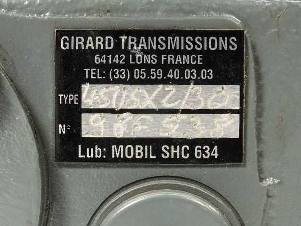 Girard Transmissions 45USX2/30 GTSA gearbox – nameplate showing type 45USX2/30, serial number, and Mobil SHC 634 lubricant spec