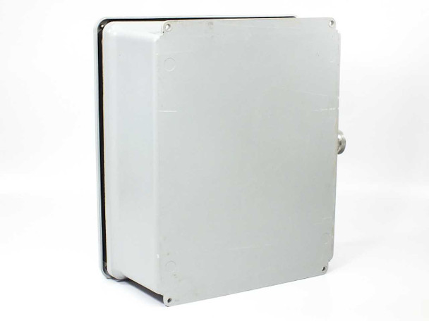 Stahlin J1614HW fiberglass enclosure closed exterior view showing latch and side conduit fitting