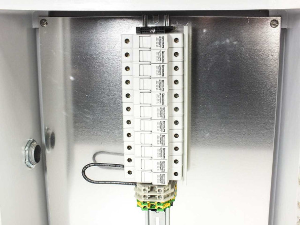 Stahlin J1614HW interior detail showing ULTRASAFE USM1 breaker holders and grounding bus bar on DIN rail