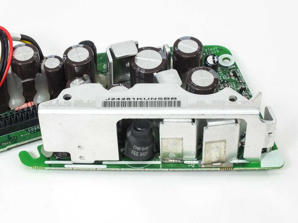 Apple 820-1486-A Power Board side view showing capacitor array on metal-shielded section and barcode label