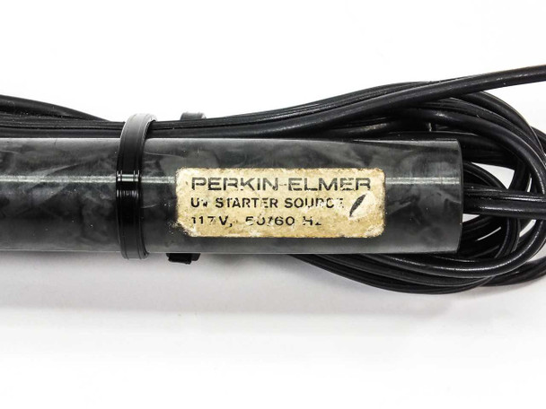 Perkin Elmer UV Starter Source close-up of label showing 117V 50/60Hz rating plate on cylindrical body
